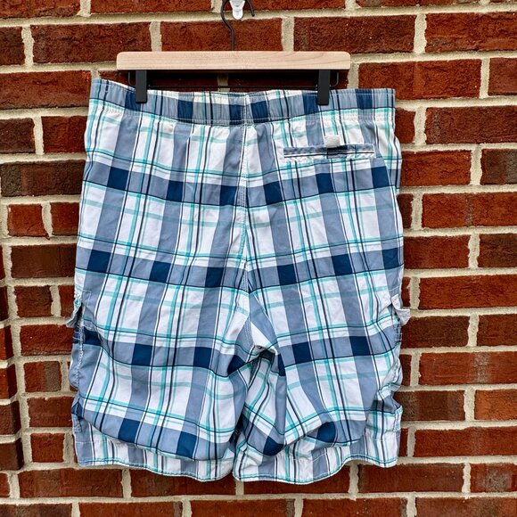 VTG Y2K Abercrombie & Fitch Cargo Swim Shorts Mens XL Blue Green Gray Plaid - Picture 2 of 12